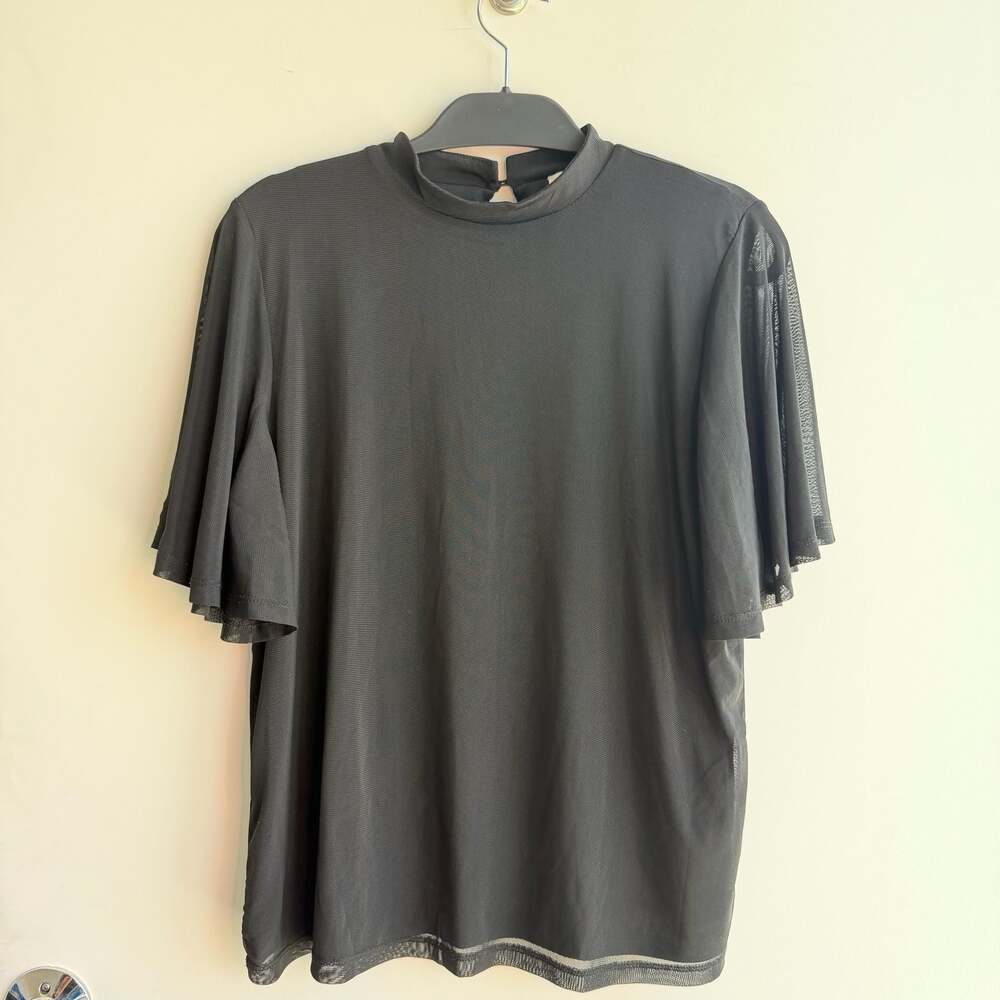 Anne Klein Black Mesh Mock Neck Flutter Sleeve Top Size L
